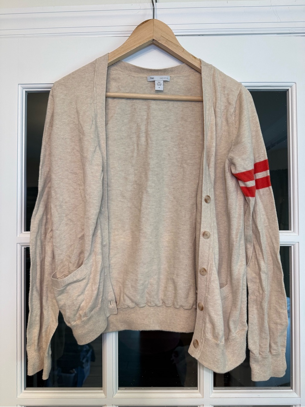 Gap Cream Cardigan Sweater with Coral Stripe Sleeve